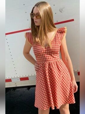 Red Gingham Flutter Sleeve Dress - Women's